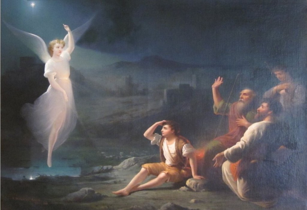 Depiction of an Angel appearing before a group of men in awe. 