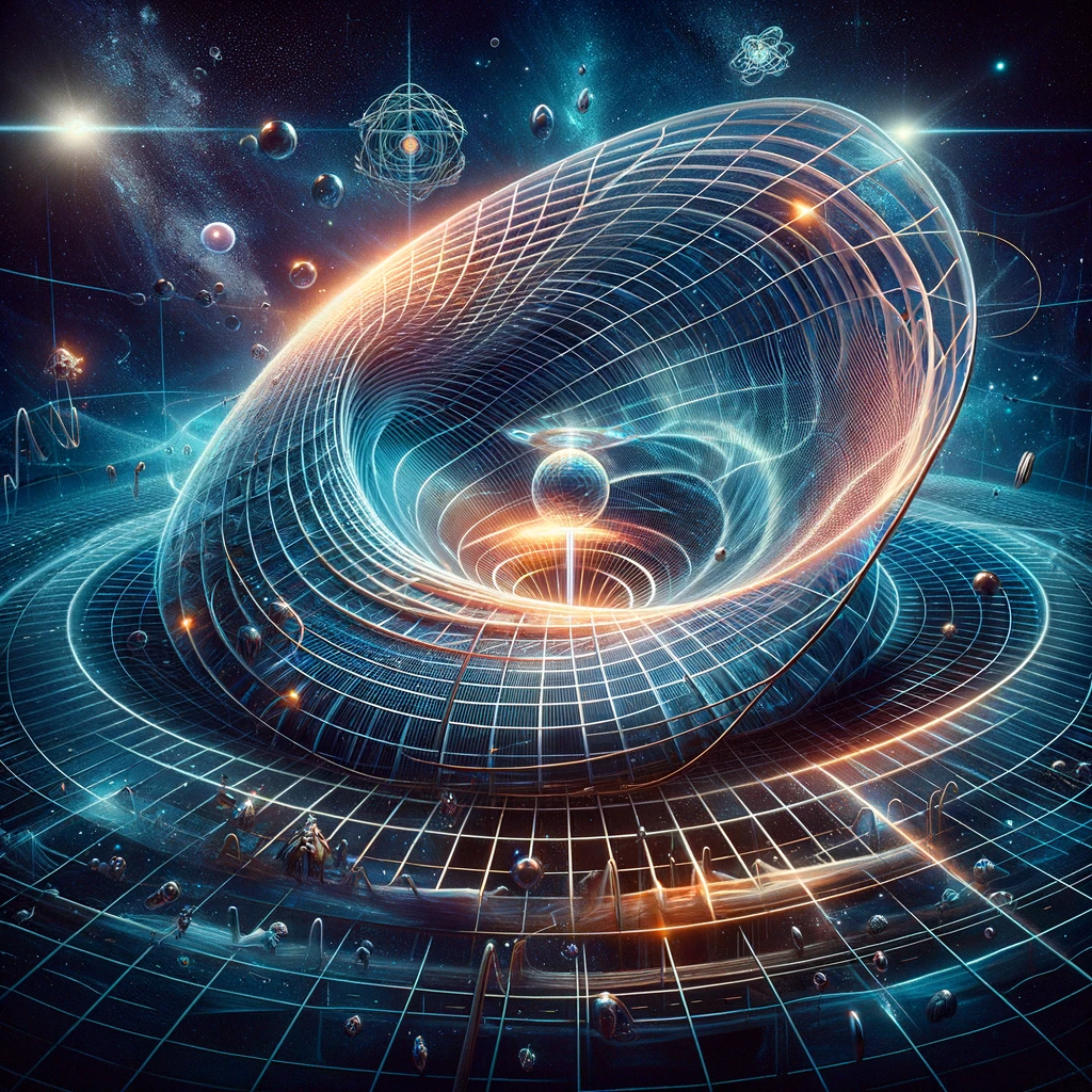 An artistic interpretation of Albert Einstein's theories in the context of UAP phenomena. The image should feature a surreal depiction of space-time