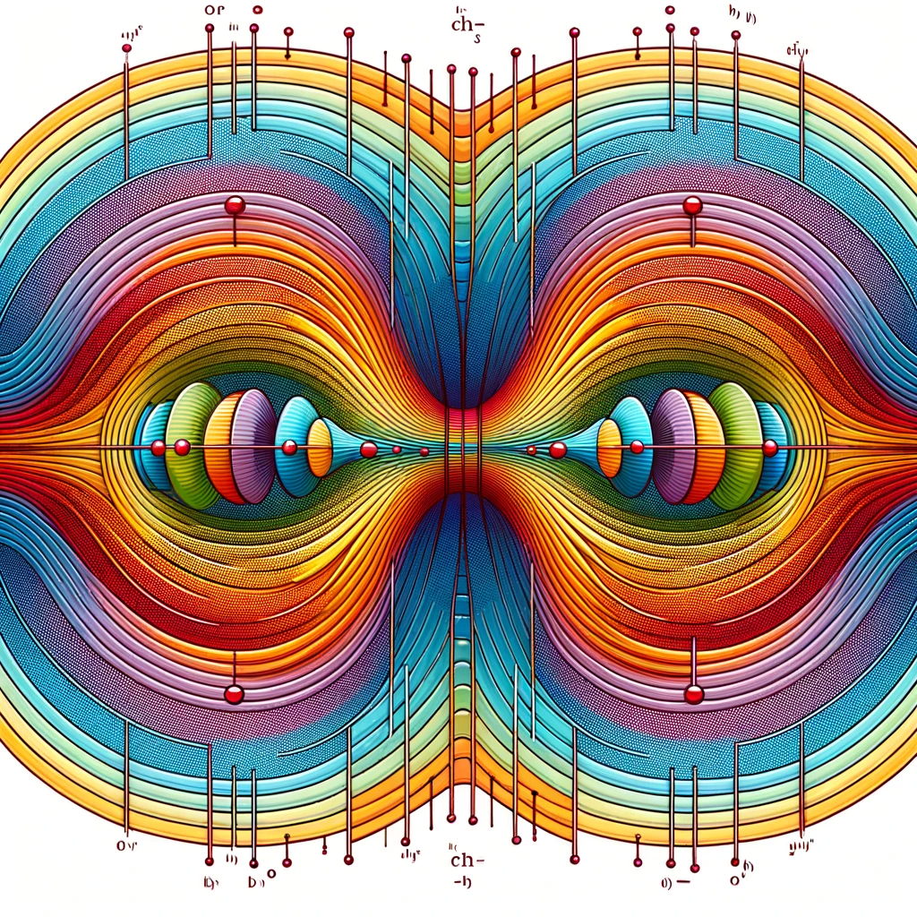 Wave-Particle Duality Chart:
Wave Behavior Section:
Colored waves passing through a double slit, creating an interference pattern. Each color could represent different wavelengths or energy levels.
Particle Behavior Section:
Colored particles passing through a single slit, with colors possibly indicating different types of particles or their respective energies.