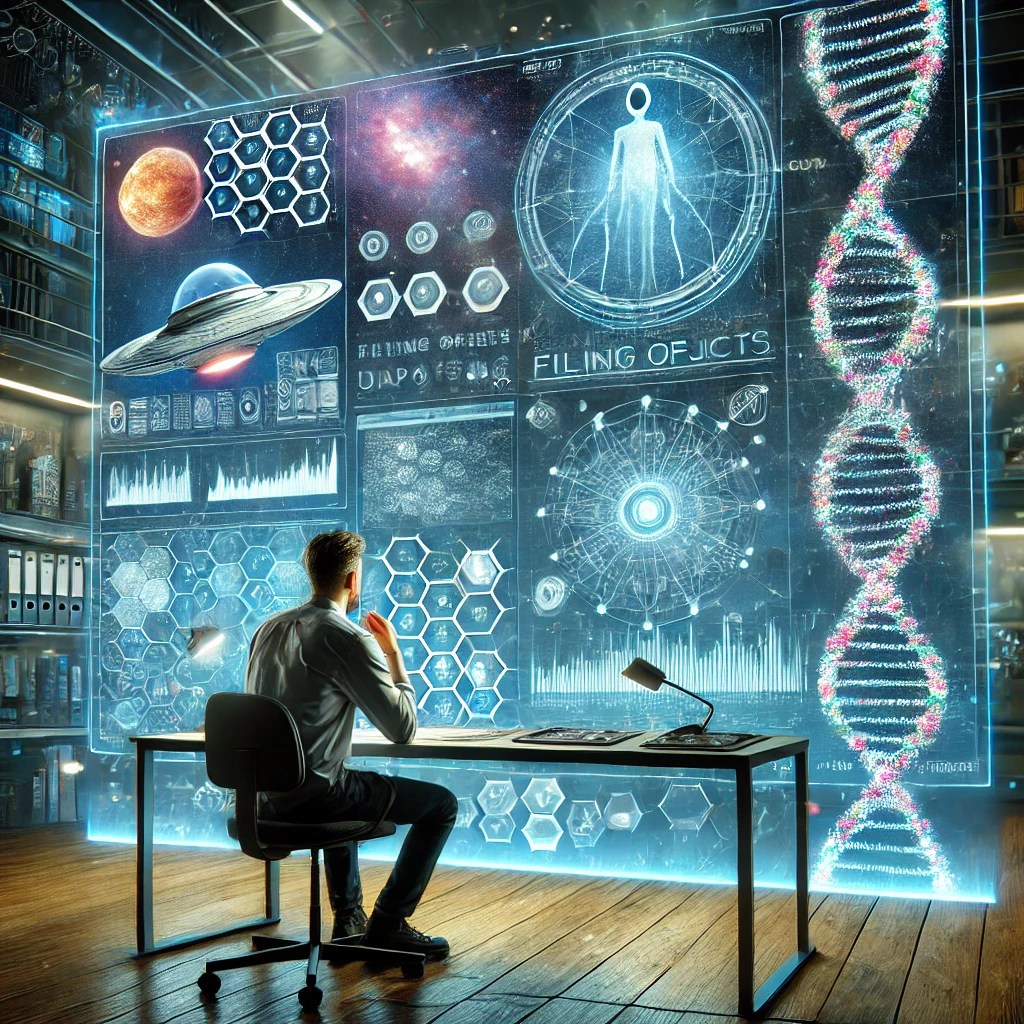 a scientist examining a screen of UAP information