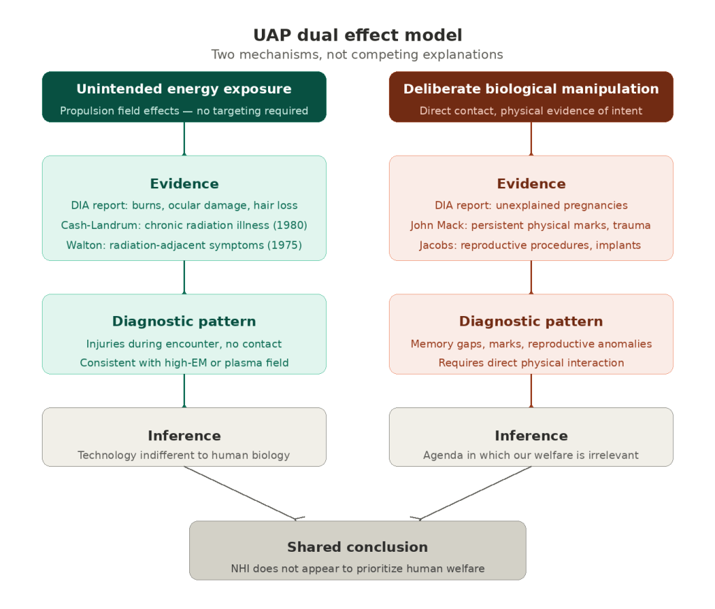 Structural diagram showing two parallel evidence tracks — unintended energy exposure (DIA burns/radiation cases, Cash-Landrum, Walton) and deliberate biological manipulation (DIA unexplained pregnancies, John Mack, David Jacobs) — converging on a shared conclusion that non-human intelligence does not appear to prioritize human welfare.