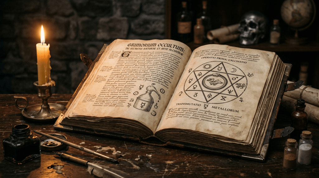 Open ancient alchemy book with alchemical symbols and illustrations on a wooden desk