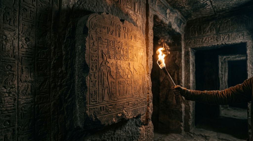 Ancient Egyptian hieroglyphic carvings illuminated by a hand-held torch