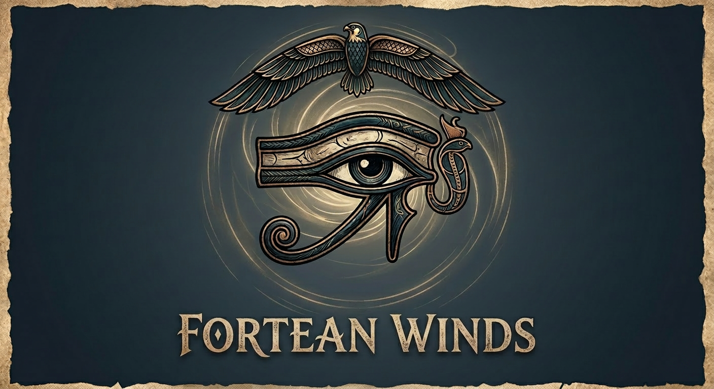 An eye of horus symbol which is discussed below and the text reads "Fortean Winds"