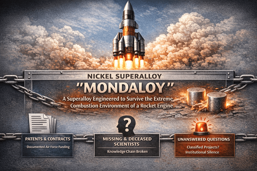 Infographic of a rocket launch illustrating the nickel superalloy ‘Mondaloy’—a high-temperature aerospace material engineered to survive the extreme combustion environment of rocket engines—featuring bold industrial design with chains, molten metal textures, and labeled sections reading ‘Nickel Superalloy Mondaloy,’ ‘A Superalloy Engineered to Survive the Extreme Combustion Environment of a Rocket Engine,’ ‘Patents & Contracts – Documented Air Force Funding,’ ‘Missing & Deceased Scientists – Knowledge Chain Broken,’ and ‘Unanswered Questions – Classified Projects? Institutional Silence’