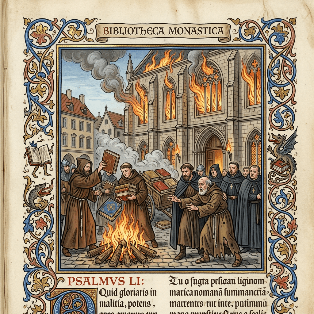 Monks burning books outside a medieval stone library on fire