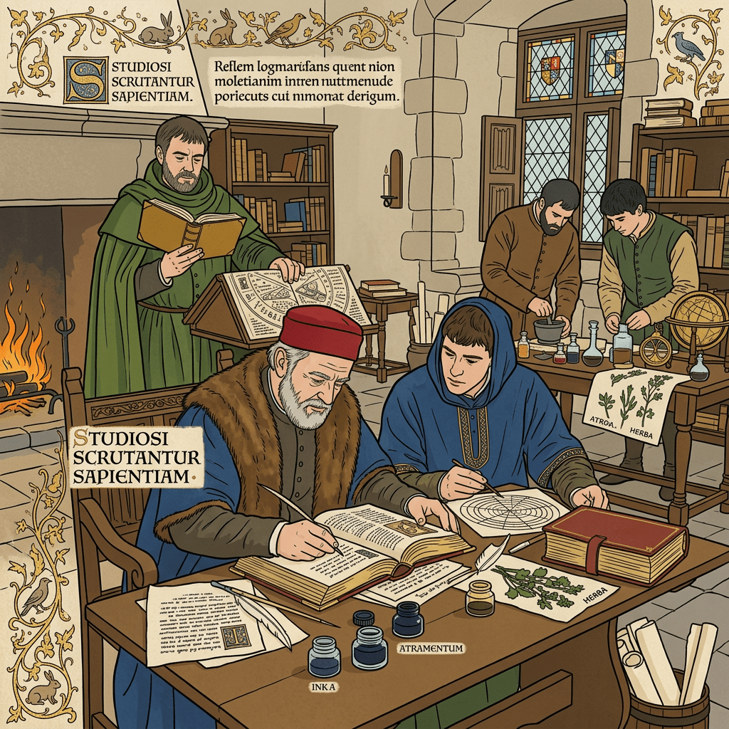 Medieval scholars studying astronomy charts and herbal drawings with books and scientific tools