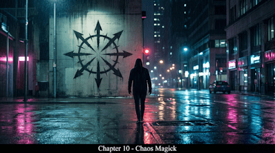 A person with a hoodie on a city street near a chaos magick sigil
