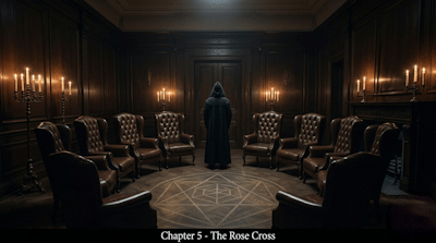 A room of robed figures in esoteric ritual