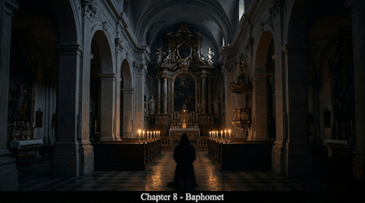 A dark hall, dimly lit by candles and prepared for ritual.