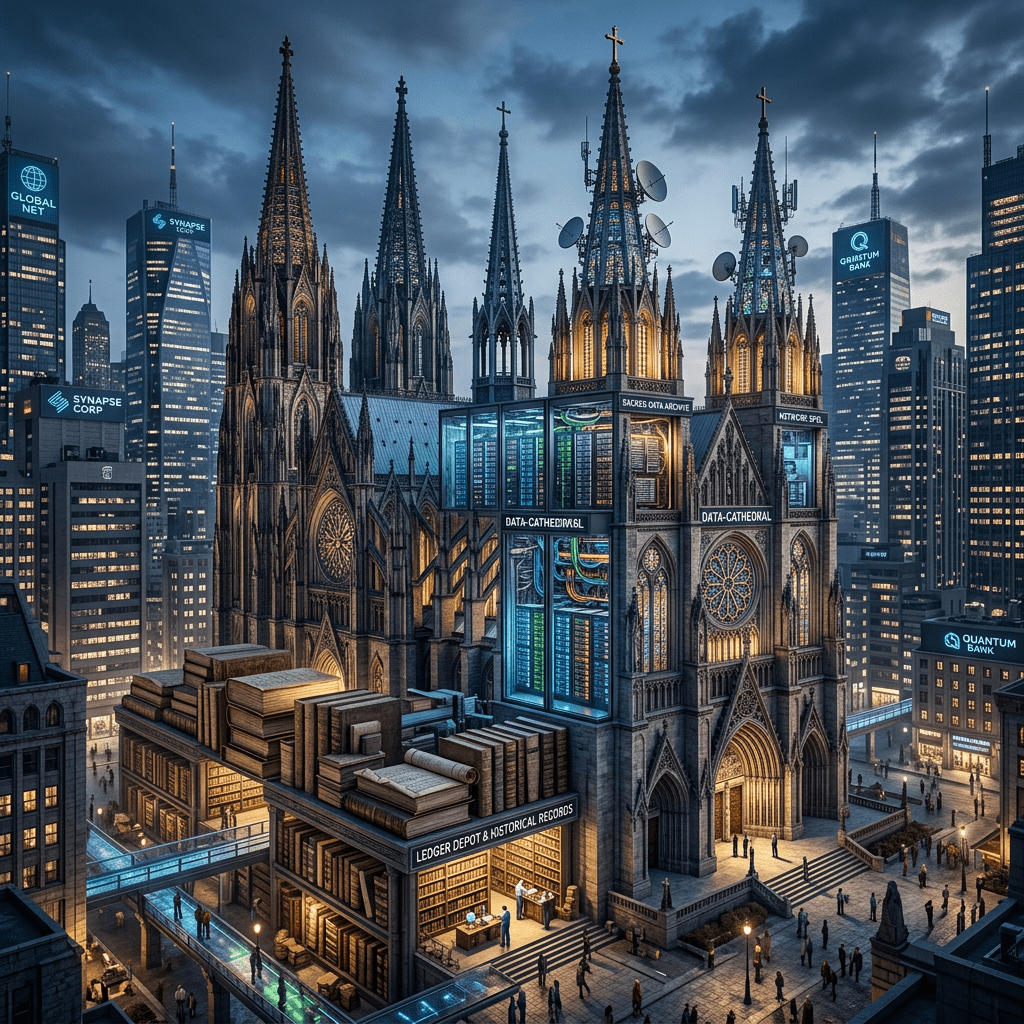 Gothic cathedral with servers, books, data panels, and skyscrapers labeled Global Net, Synapse Corp, and Quantum Bank