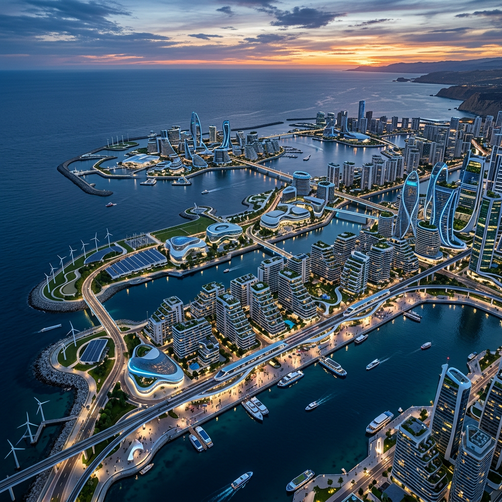 Futuristic coastal city with waterways, skyscrapers, wind turbines, and sunset
